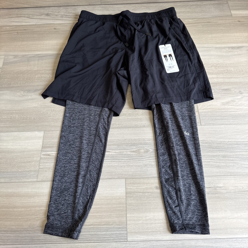Alo Yoga Men's Stability 2-in-1 Pants Tights/Shorts Black Dark Grey XL NWT